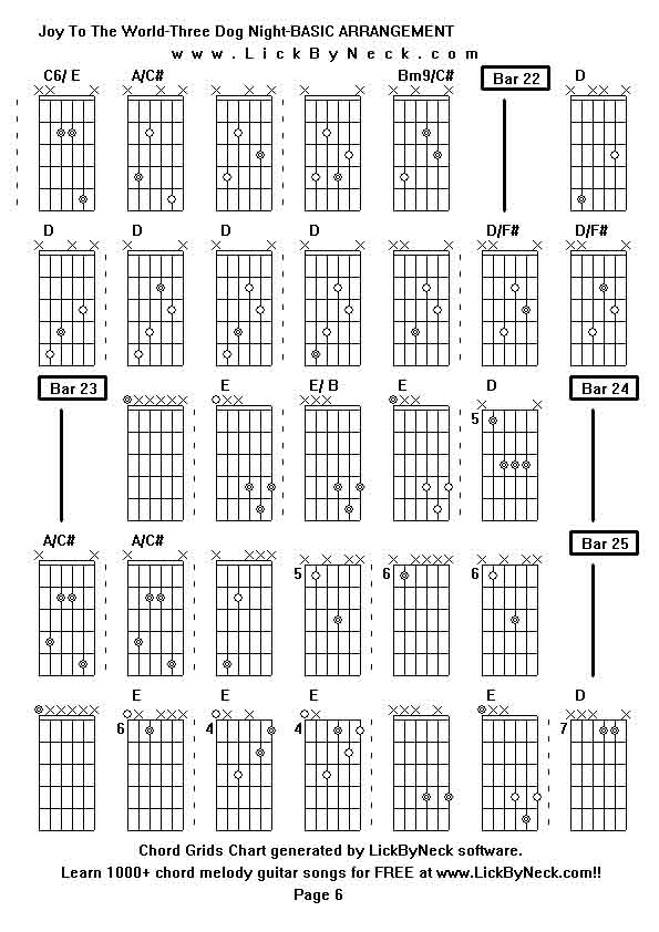 Chord Grids Chart of chord melody fingerstyle guitar song-Joy To The World-Three Dog Night-BASIC ARRANGEMENT,generated by LickByNeck software.